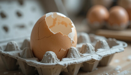 Cracked brown eggshell resting in a carton, symbolizing freshness and farm produce
