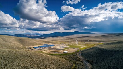 Aerial view of a renewable energy farm with solar panels and wind turbines in a desert landscape.
