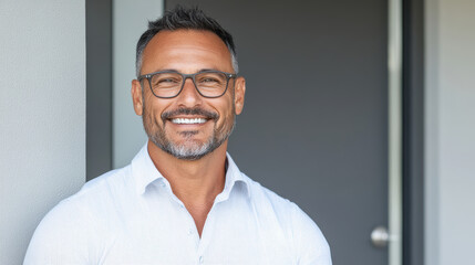 Obraz premium Confident man smiling, wearing glasses, standing near door, showcasing professional appearance