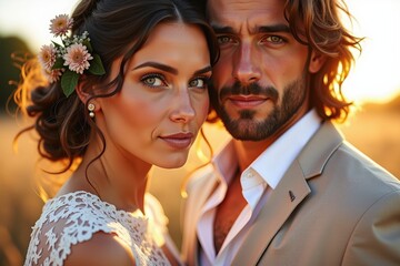 Romantic close-up portrait of a bride and groom in golden sunlight, gazing into the camera. Rustic outdoor wedding, natural beauty, and love concept.