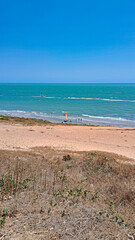 A traditional wooden jangada prepares to sail on the sandy beaches of Canoa Quebrada, Ceara, Brazil, with the ocean waves and a clear blue sky in the background. A serene coastal scene.