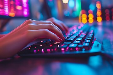 Close-up of hands typing on a backlit keyboard.