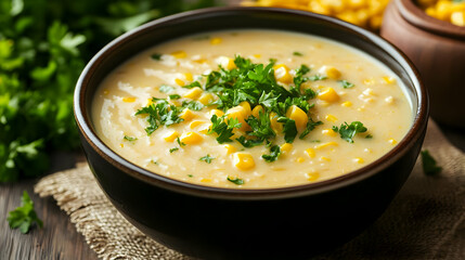 Creamy Corn Soup Garnished with Parsley in Dark Brown Bowl on Burlap Placed Over Wooden Table Under Warm Studio Lighting