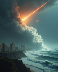 Apocalyptic meteor impact over ocean near coastal city, fiery asteroid entering atmosphere, massive explosion, end of the world, natural disaster, doomsday scenario, cataclysmic event
