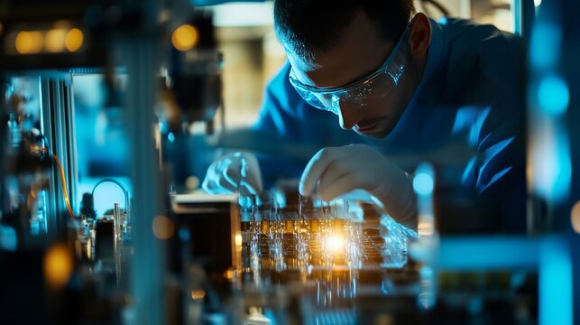 Quantum computer technician building quantum processors, high-tech lab with quantum computers and circuit setups, Futuristic-tech style