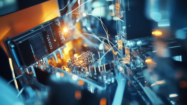 Quantum computer technician building quantum processors, high-tech lab with quantum computers and circuit setups, Futuristic-tech style