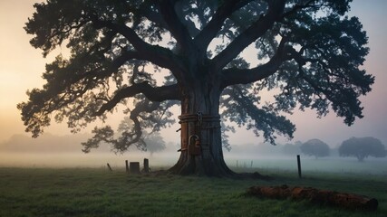 Obraz premium Old majestic tree standing alone in a foggy meadow landscape