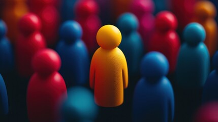 Unique Yellow Figure Among Colorful Crowd of Toy Figurines