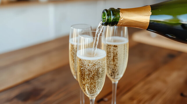 Bubbly champagne being poured into elegant flutes, creating festive atmosphere