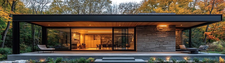 Obraz premium Modern home displays an exterior and interior with trees visible