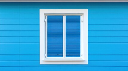 Fototapeta premium Window with Closed Blue Blinds on a Blue Wooden Wall Backdrop