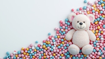 Obraz premium Soft Teddy Bear Surrounded by Colorful Candy Balls on White Surface