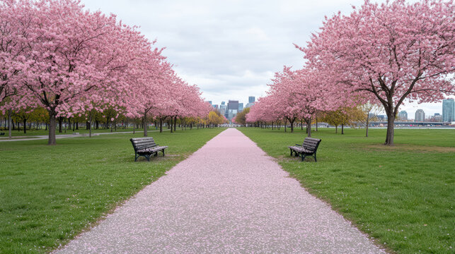 serene cherry blossom park with vibrant pink trees lining pathway, inviting tranquility and