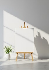 a blank white canvas on a simple wooden easel, positioned against a bright white wall. A small potted plant is subtly placed, Blank canvas on easel in a modern room with natural light and a plant. 