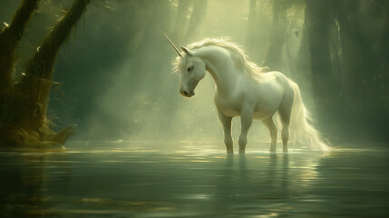 Enchanting unicorn standing in serene water against a mystical forest  