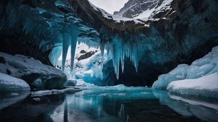 Exploring Ice Cave Landscape with Reflections on Frozen Water Surface