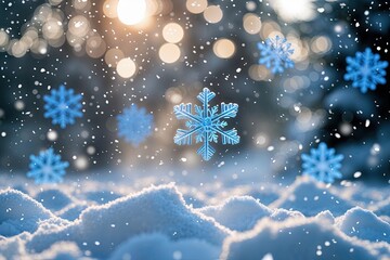 Fototapeta premium Serene Winter Snowfall Background Featuring Blurred Blue Snowflakes and Festive Holiday Decorations