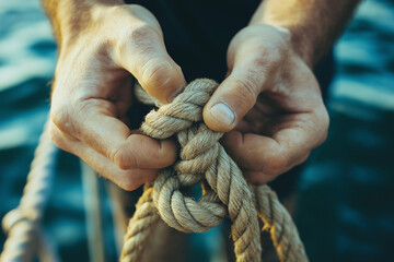 Close-up of hands tying a marine knot against water background  