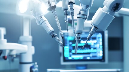 Robotic surgeon designing robotic assisted surgical systems, high-tech medical lab with robotic surgery tools and operating room models, Medical-tech style