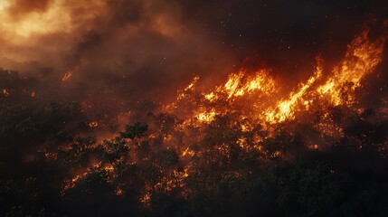 Naklejka premium A cinematic view of a firestorm devouring a lush fores
