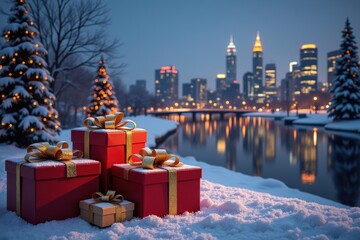 Christmas presents in festive wrapping on snowy riverbank with glowing city skyline and decorated trees, capturing magical holiday spirit in a winter urban wonderland at night
