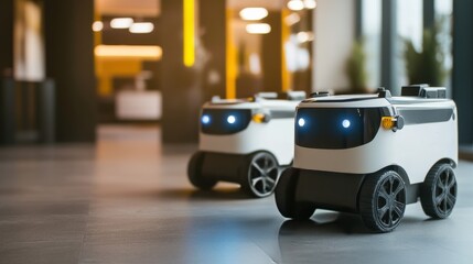 Robotics developer designing autonomous delivery robots, advanced robotics lab with delivery robots and navigation systems, Tech style