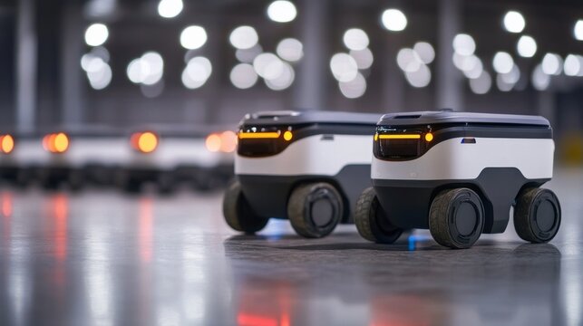 Robotics developer designing autonomous delivery robots, advanced robotics lab with delivery robots and navigation systems, Tech style