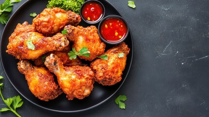 Sticky Korean Fried Chicken with Gochujang and Fresh Herbs on Dark Background