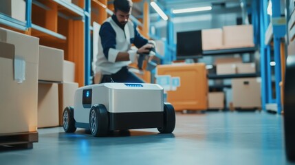 Robotics engineer creating autonomous delivery robots in a robotics lab, cutting-edge robotics lab with AI-driven robots designed for package delivery in urban environments, Scientific style