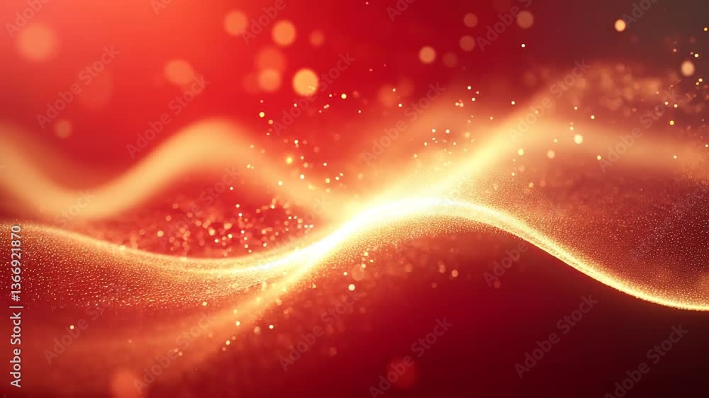 Poster abstract red wave with light particles and sparkles in motion