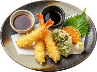 Delicious Tempura Shrimp and Vegetable Platter with Dipping Sauces
