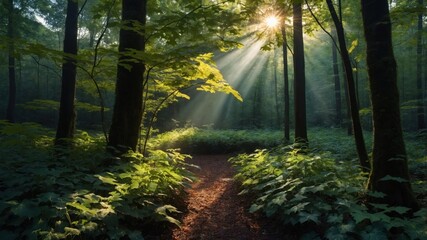 Obraz premium Sunlight Streaming Through Forest Canopy on a Hiking Path