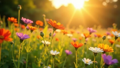 Fototapeta premium vibrant wildflowers sway gently in a warm sunlight, wildflowers, grass