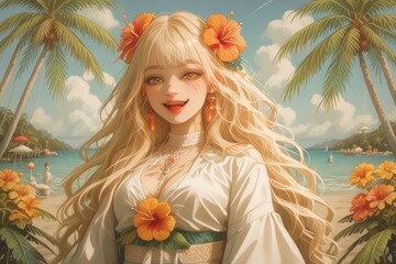 Beautiful anime-style blonde woman with tropical flowers on a sunny beach, vibrant summer vacation concept with palm trees, ocean waves, and warm golden sunlight