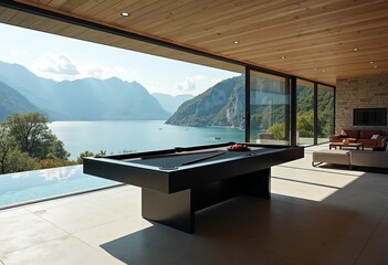 Fototapeta premium Lake Como Luxury Living: Modern House Featuring a Black Pool Table with Breathtaking Mountain & Lake Views Through Expansive Windows - Ideal for Upscale Home Blogs.