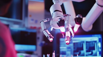 Obraz premium Robotics specialist creating AI powered surgical robots in a medical robotics lab, futuristic lab with AI-driven robotic systems used for assisting in delicate surgeries, Scientific style