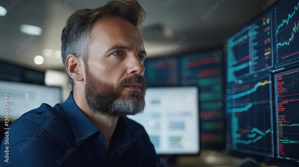 Poster focused professional analyzing data on multiple screens in modern office environment