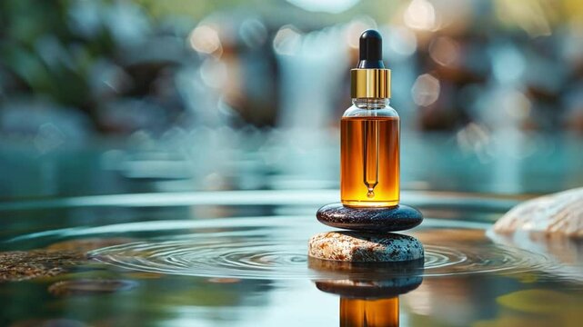 Aromatherapy Oasis: A bottle of essential oil rests serenely on a stack of smooth stones, poised gracefully amidst a tranquil pool of water with soft focus details