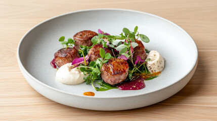 Delicious meatballs served with fresh herbs and creamy sauce, showcasing culinary artistry