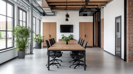 modern office workspace featuring large wooden table, black chairs, and greenery, creating