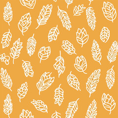 Seamless Pattern of White Hops and Barley on Yellow Background