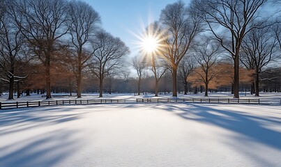 Snowy Park Landscape with Winter Trees and Bright Sunlight
