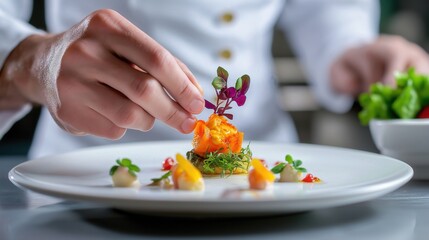 A chef delicately garnishes a beautifully plated dish with vibrant herbs and vegetables, showcasing culinary artistry and attention to detail.