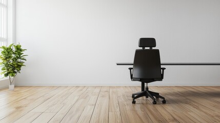 Minimalist Office Space with Black Chair and Green Plant Decor