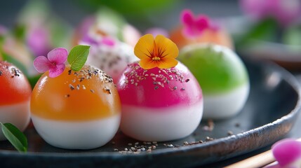 Colorful dessert balls garnished with flowers and seeds, beautifully arranged on a black plate, showcasing vibrant hues and artistic presentation.