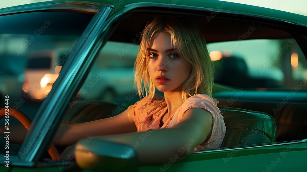 Aufkleber a pensive woman sits alone in a car her reflection visible in the window as the sun sets in the back