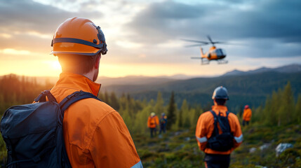 A group of rescue workers in orange gear watches a helicopter fly over a mountainous landscape during sunset.