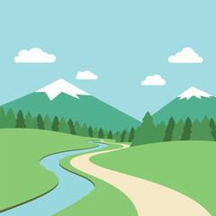 Cartoon Landscape with River and Mountains
