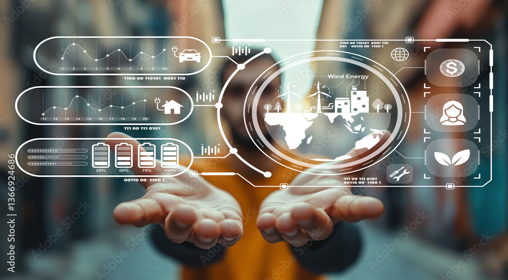 Poster hands holding digital interface with data visualizations on wind energy, renewable resources, and en