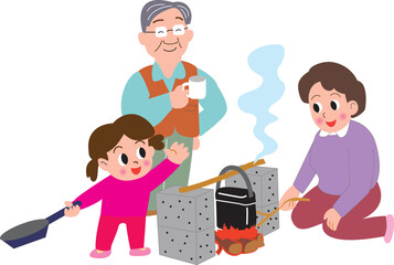 キャンプでハンゴウ炊飯するお母さんとお父さんと女の子
